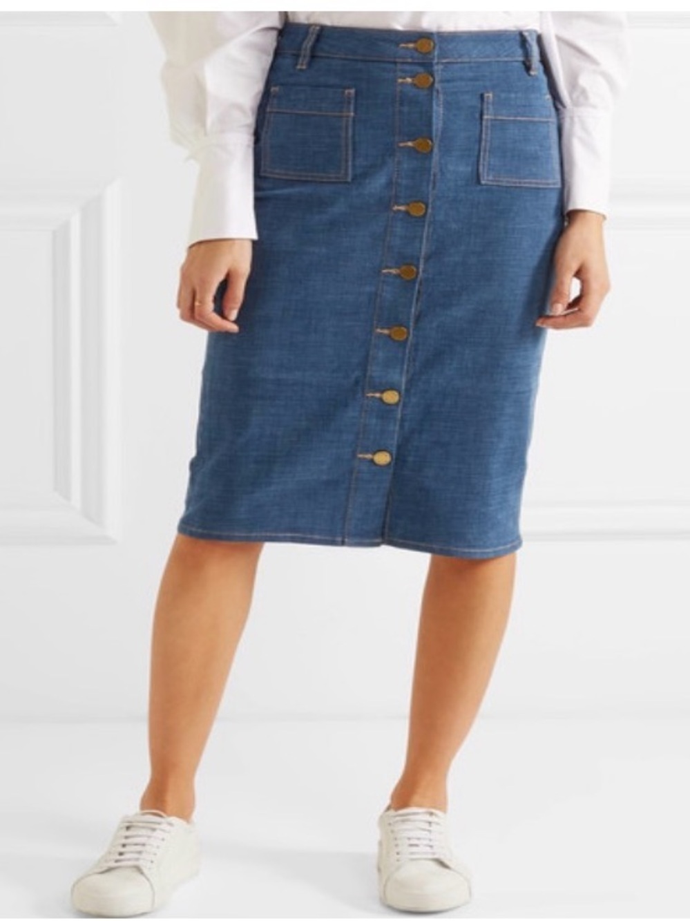Tory Burch Denim Button-Front Midi Skirt in Blue